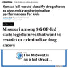 A Topeka Capital-Journal headline reports that a Kansas bill would classify drag shows as obscenity and criminalize performances for kids, as Missouri and other states move to restrict the art form often supported by Drag Saves Lives.