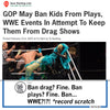 A screenshot of an Iowa Starting Line headline about GOP efforts to restrict youth access to live performances, featuring wrestlers and a Raygun comment on a charcoal T-shirt that reads Drag Saves Lives.