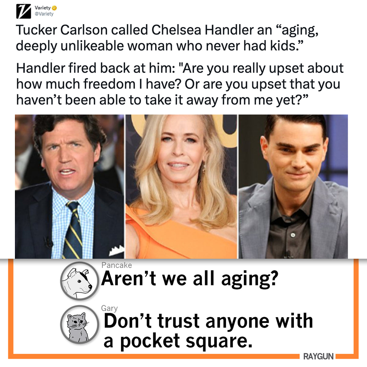 A social media post on a lilac screen print charcoal t-shirt features headshots of Tucker Carlson, Chelsea Handler, and Ben Shapiro, with text documenting a public exchange followed by two satirical comments from Pancake the dog and Gary the cat.