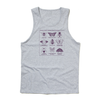 Gray screen print tank top featuring a purple Rayguns Guide to Midwestern Pollinators graphic with illustrations and names of nine different bees and butterflies.