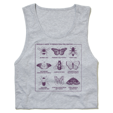 Gray tank top with a pollinator-friendly graphic titled Rayguns Guide to Midwestern Pollinators, featuring illustrations and labels for nine different insects, including bees and butterflies.
