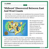 A hand-drawn map of the United States illustrates The Onion satirical headline, Midwest Discovered Between East And West Coasts, in a design also available as a RAYGUN collaboration t-shirt.