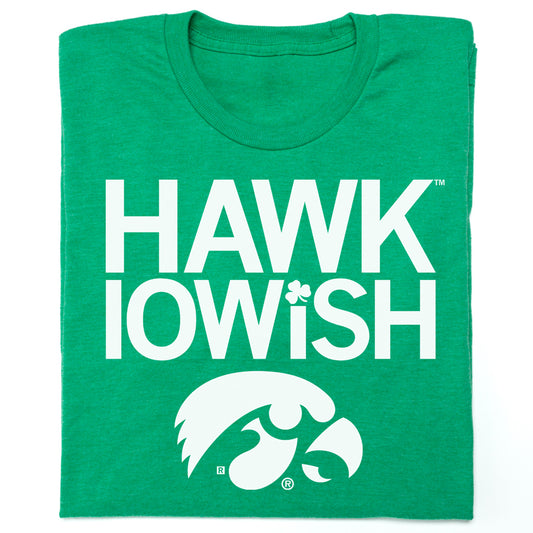 Heather kelly green union labor t-shirt with the white text HAWK IOWISH, featuring a shamrock in the I and the University of Iowa Hawkeye logo below.