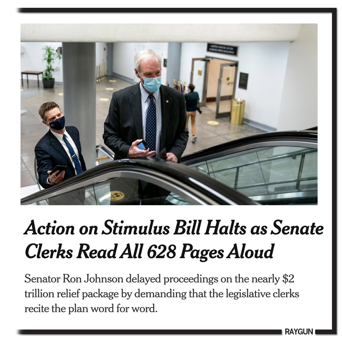 Senator Ron Johnson, wearing a union made Russ Feingold t-shirt and a face mask, rides an escalator with an aide while demanding clerks read a 628-page stimulus bill aloud.
