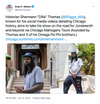 Chicago historian Shermann Dilla Thomas stands in front of a stone building, wearing a shirt featuring a retired t-shirt design as featured in Block Club Chicago local news.