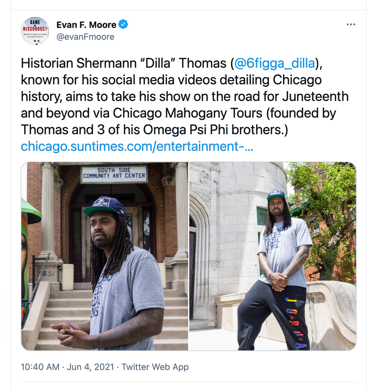 Chicago historian Shermann Dilla Thomas stands in front of a stone building, wearing a shirt featuring a retired t-shirt design as featured in Block Club Chicago local news.