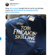 Blue union made T-shirt that says Chicagos Very Own Tom Freakin Skilling Is A National Treasure, with a price tag attached.