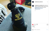 A black cat sits on a couch wearing a black RAYGUN shirt that says ASK ME ABOUT MY INSTAGRAM in yellow text.