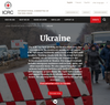 ICRC website header featuring the title Ukraine, a description of United Help Ukraine humanitarian operations, a Donate now button, and a background image of people standing behind a red and white barrier.