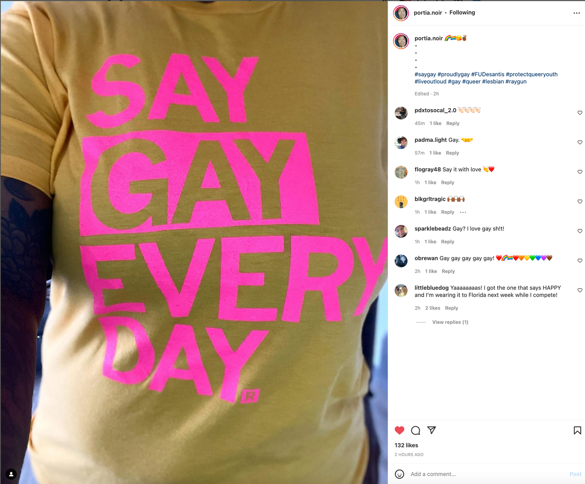 A person wearing a supportive LGBTQ+ pride t-shirt featuring the phrase SAY GAY EVERY DAY in bold, bright pink capital letters.