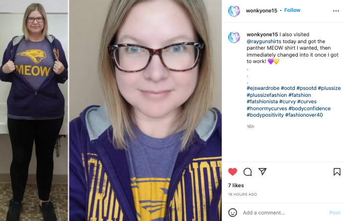 A woman wearing glasses and a purple zip-up hoodie over a blue Panthers t-shirt with a gold screen print graphic and the text MEOW.