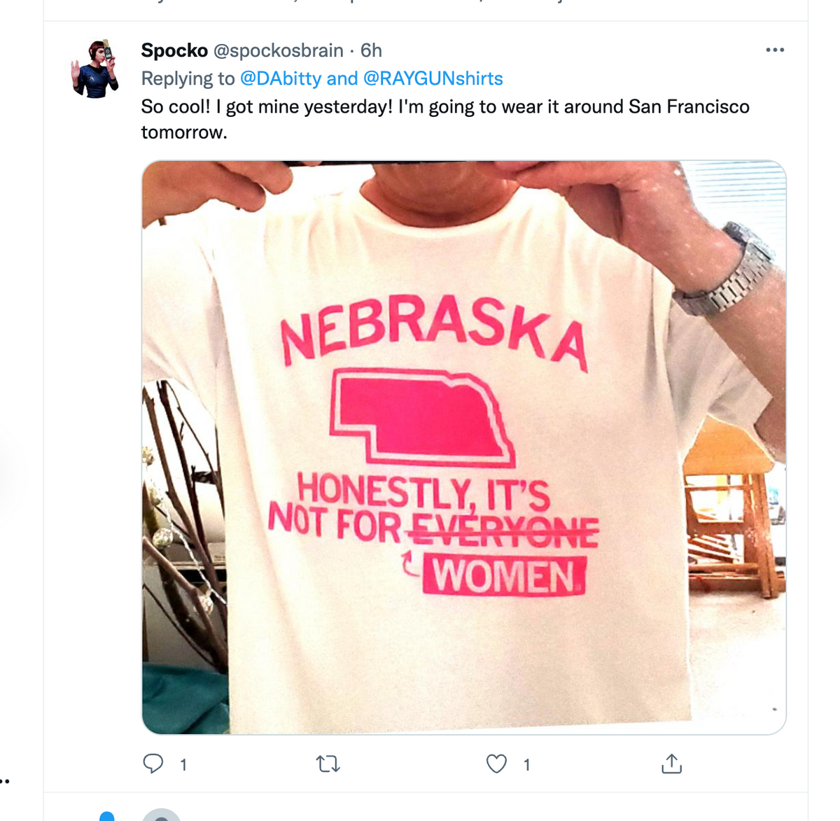 A person wearing a neon pink, union-made t-shirt that says NEBRASKA, HONESTLY, ITS NOT FOR EVERYONE with a graphic of the state outline above the word WOMEN.