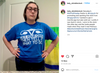 A person with short dark hair and glasses wears a sweatshop-free blue t-shirt featuring a stylized uterus graphic and the text GET YOUR OWN THEN TELL IT WHAT TO DO.