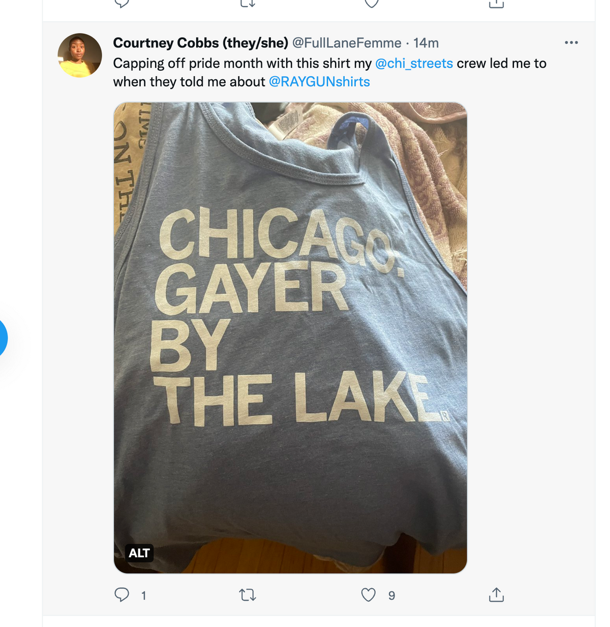 A union made grey tank top that reads CHICAGO GAYER BY THE LAKE in white lettering.