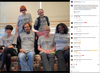 Six people in heather grey t-shirts that read DES MOINES: HELL YES stand or sit together.