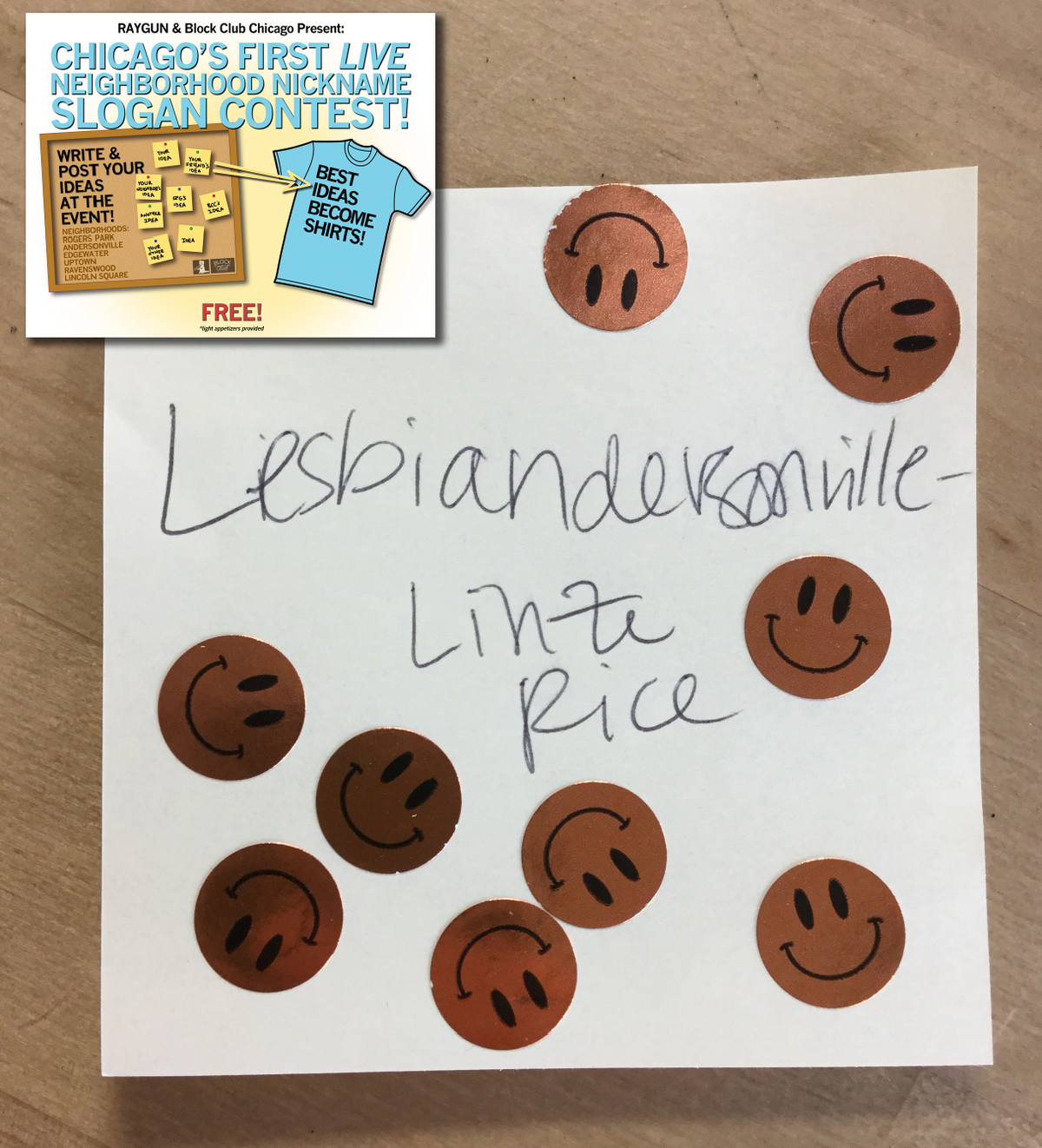 A note on paper with a Lesbiandersonville contest flyer in the corner, decorated with several copper-colored smiley face stickers.