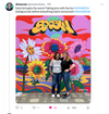 Two women in heather grey t-shirts stand in front of a colorful mural featuring large stylized flowers with human faces and the SXSW logo at the top.