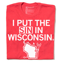 I Put The Sin In Wisconsin State Midwest Devil Red White Milwaukee Raygun T-Shirt Standard Unisex Snug