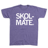 Heather purple t-shirt featuring the white text SKOL-MATE, with the state of Minnesota replacing the letter O.