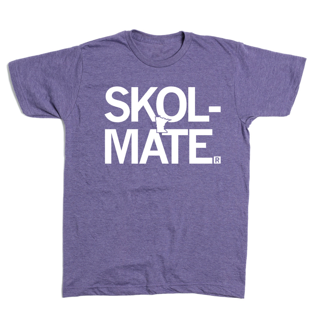 Heather purple t-shirt featuring the white text SKOL-MATE, with the state of Minnesota replacing the letter O.
