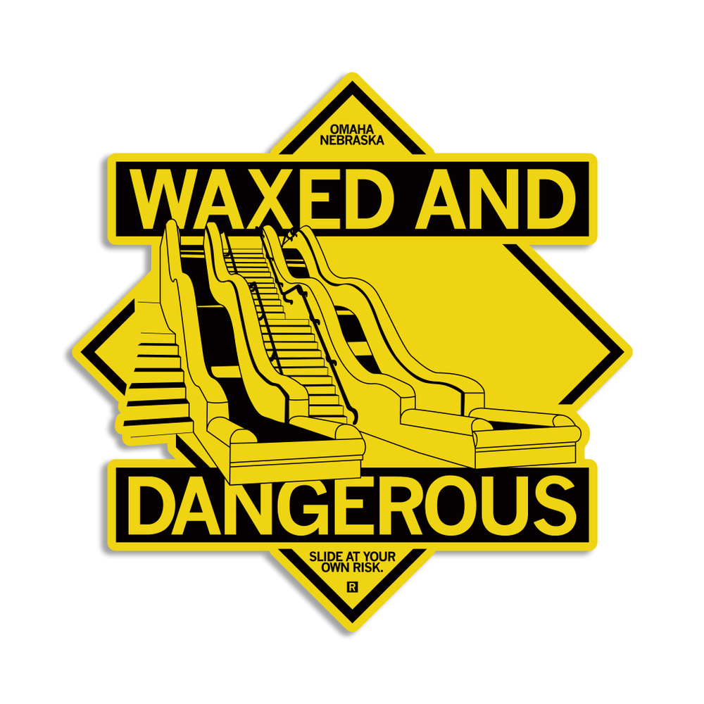 Omaha, Nebraska Silde: Waxed And Dangerous Slide At your Own Risk Park Raygun Die-cut sticker stickers Black & Yellow