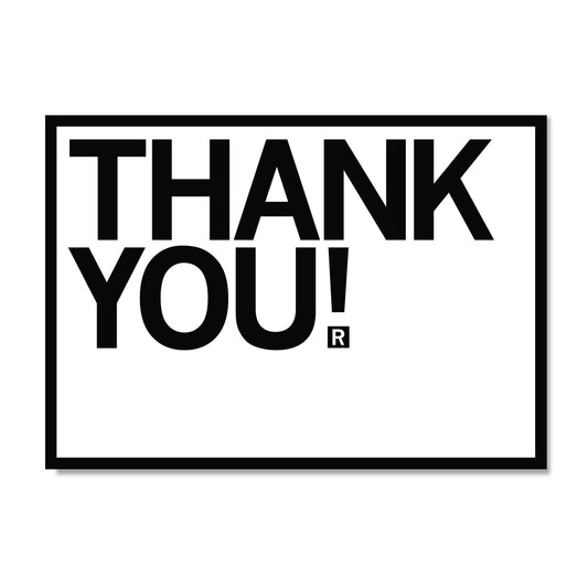 The text THANK YOU! inside a rectangular border, with a registered trademark symbol in the corner of this 4.25″ x 6″ postcard.