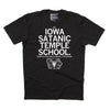 The Iowa Satanic Temple School. Your Tax Dollars At Work... For Satan! Schools Public University Education Black White State Des Moines Ames Cedar Rapids Raygun T-Shirt Standard Snug Unisex