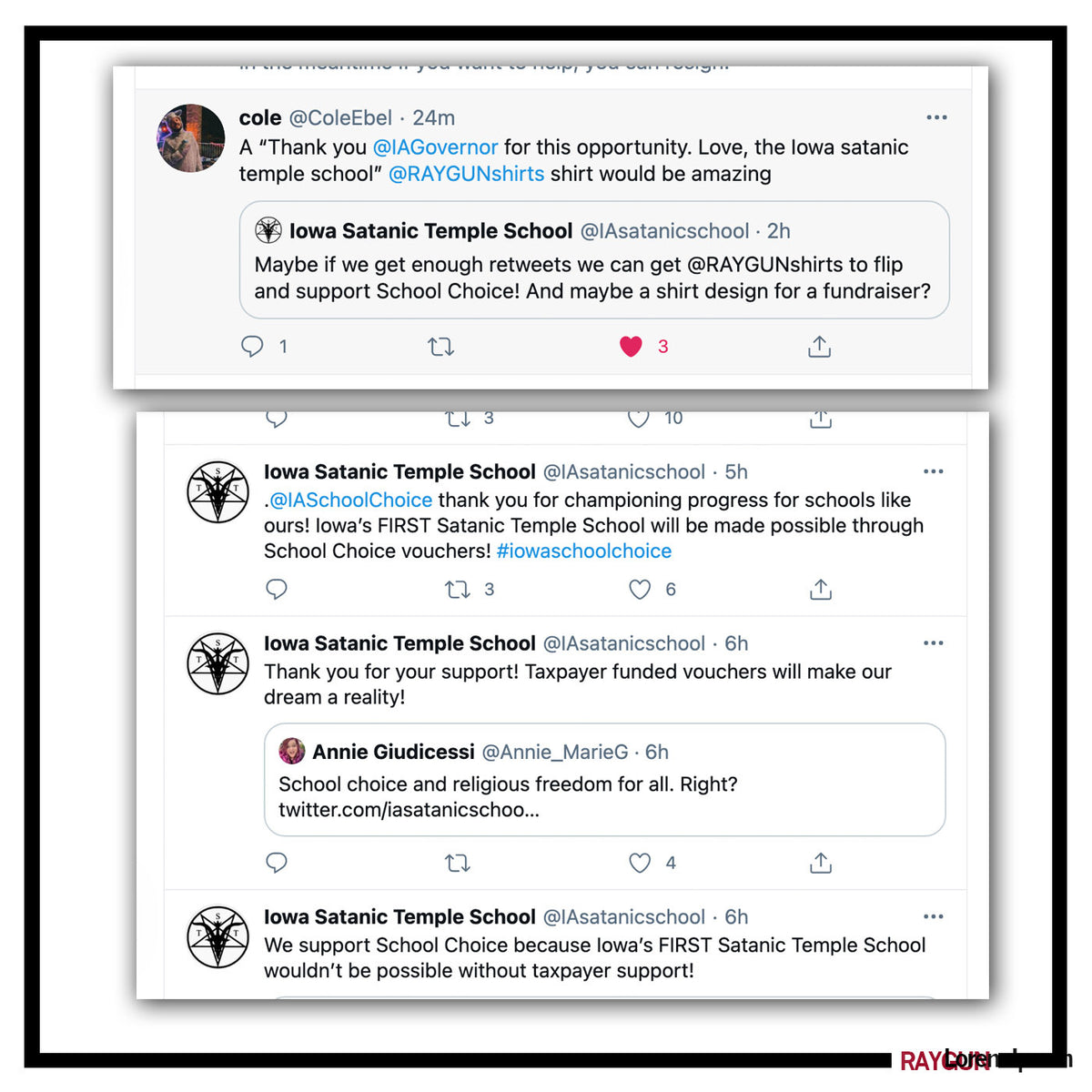 A collage of social media posts from the Satanic Temple Iowa account expressing support for taxpayer-funded school choice vouchers.