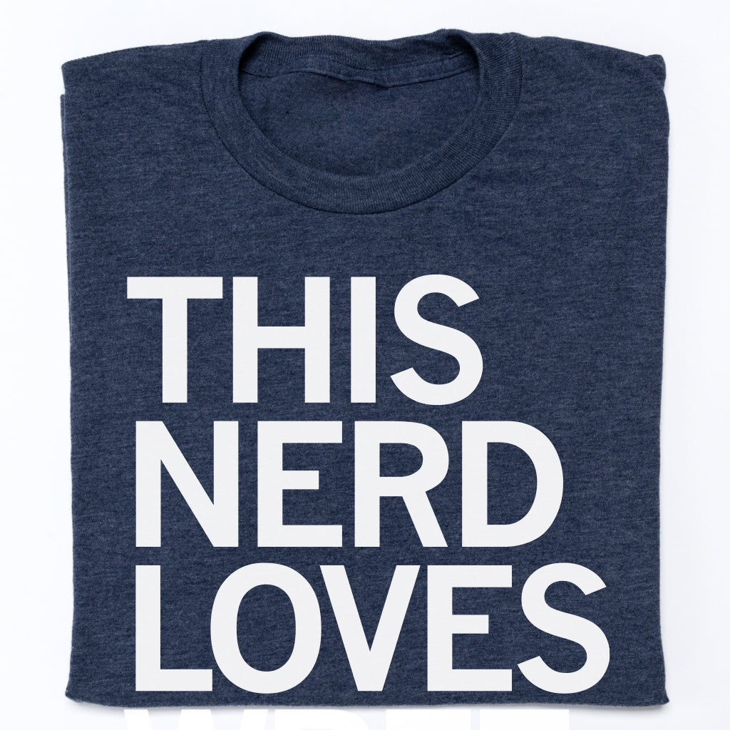 An officially licensed navy blue Raygun t-shirt with the text THIS NERD LOVES printed in large white capital letters.