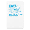A screen-printed notebook cover featuring a blue map of the United States with Iowa highlighted, reading IOWA: WAVE THE NEXT TIME YOU FLY OVER! and pointing to Iowa with WE ARE HERE.