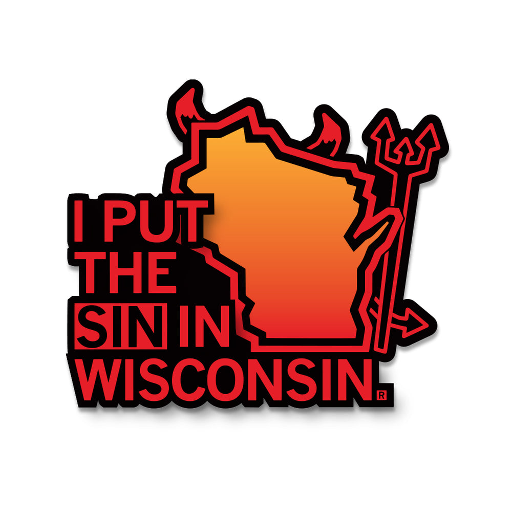 I Put the Sin in Wisconsin Devil Milwaukee Die-Cut Sticker Stickers Midwest Raygun