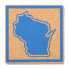 Square cork coaster featuring a blue Wisconsin state outline centered inside a blue square border.