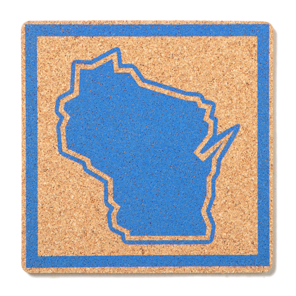Square cork coaster featuring a blue Wisconsin state outline centered inside a blue square border.