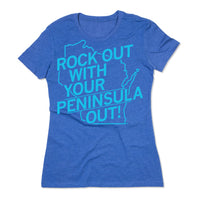 Rock out With Your Peninsula Out! Wisconsin Dells Great Lakes Milwaukee Midwest Map Geography State Peacock Blue Heather Royal Standard Unisex Snug Raygun T-Shirt