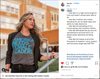 A woman wears a union made, grey t-shirt that says AMERICA NEEDS FEMALE LEADERS in blue lettering while standing outdoors in front of a school building.