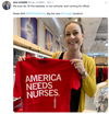 A smiling woman in a yellow cardigan holds up a red t-shirt that reads AMERICA NEEDS NURSES.