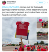 A collage of protesters in union-made red shirts holding signs that read America Needs Public Schools and For Shame while demonstrating outside a school building to support public education.