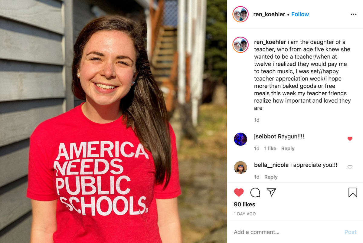 A smiling woman wearing a union-made red t-shirt that says America needs public schools in large white lettering.