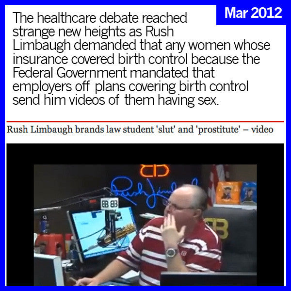 A screenshot of a video featuring Rush Limbaugh at a radio desk, topped with text about his controversial March 2012 comments on birth control insurance mandates, including a mention of union made t-shirts.