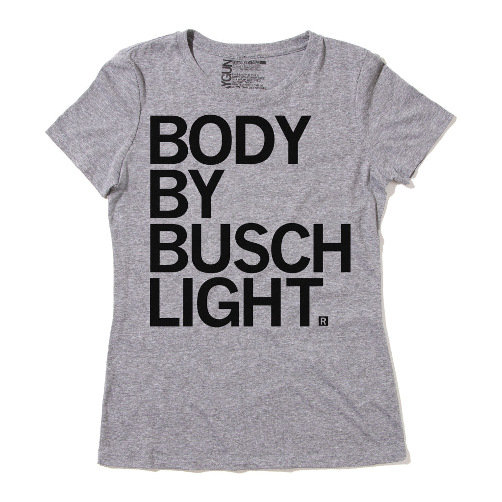 Heather gray Busch Light t-shirt with BODY BY BUSCH LIGHT printed in black text on the front.