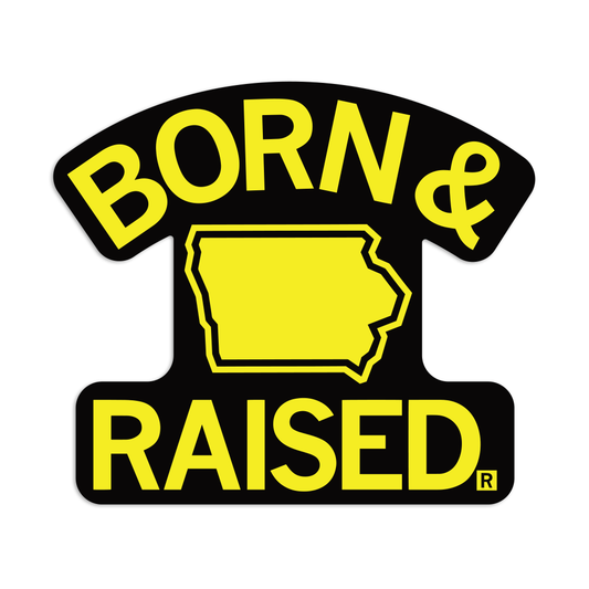 Iowa Outline Born & Raised Black and Gold Die-Cut Sticker