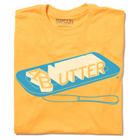 Butter Word State Fair Knife Plate Gold Cream Blue Cow Food Iowa Midwest Raygun T-Shirt Standard Unisex Snug