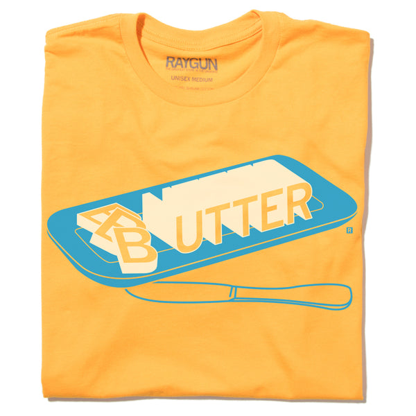 Butter Word State Fair Knife Plate Gold Cream Blue Cow Food Iowa Midwest Raygun T-Shirt Standard Unisex Snug