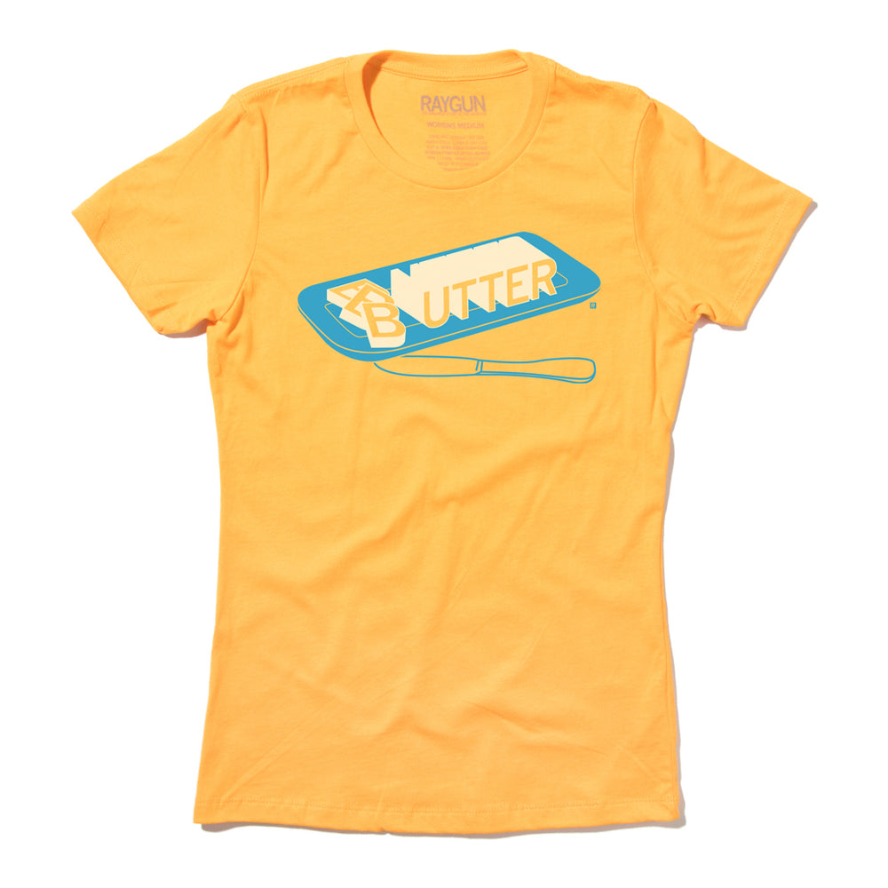 Butter Word State Fair Knife Plate Gold Cream Blue Cow Food Iowa Midwest Raygun T-Shirt Standard Unisex Snug