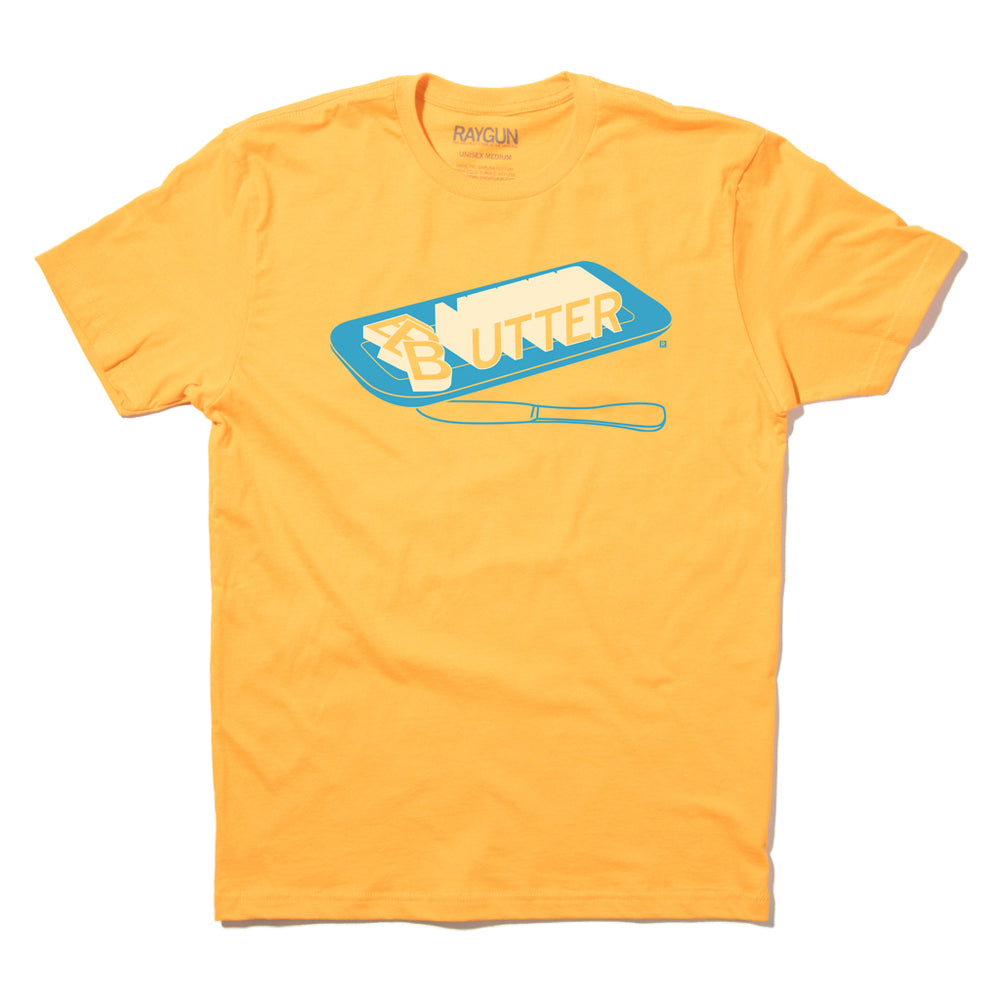Butter Word State Fair Knife Plate Gold Cream Blue Cow Food Iowa Midwest Raygun T-Shirt Standard Unisex Snug