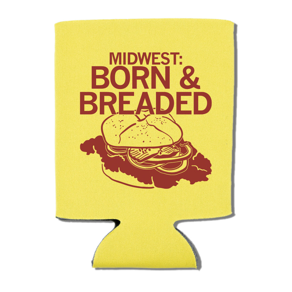 Midwest: Born & Breaded Can Cooler Pork Tenderllin Sandwich Pickles Onions Mustard Bread Yellow Brown Red State Fair Food Drink Drinkwear Koosie Raygun