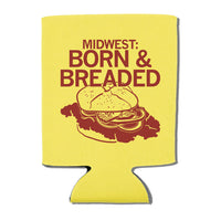 Midwest: Born & Breaded Can Cooler Pork Tenderllin Sandwich Pickles Onions Mustard Bread Yellow Brown Red State Fair Food Drink Drinkwear Koosie Raygun
