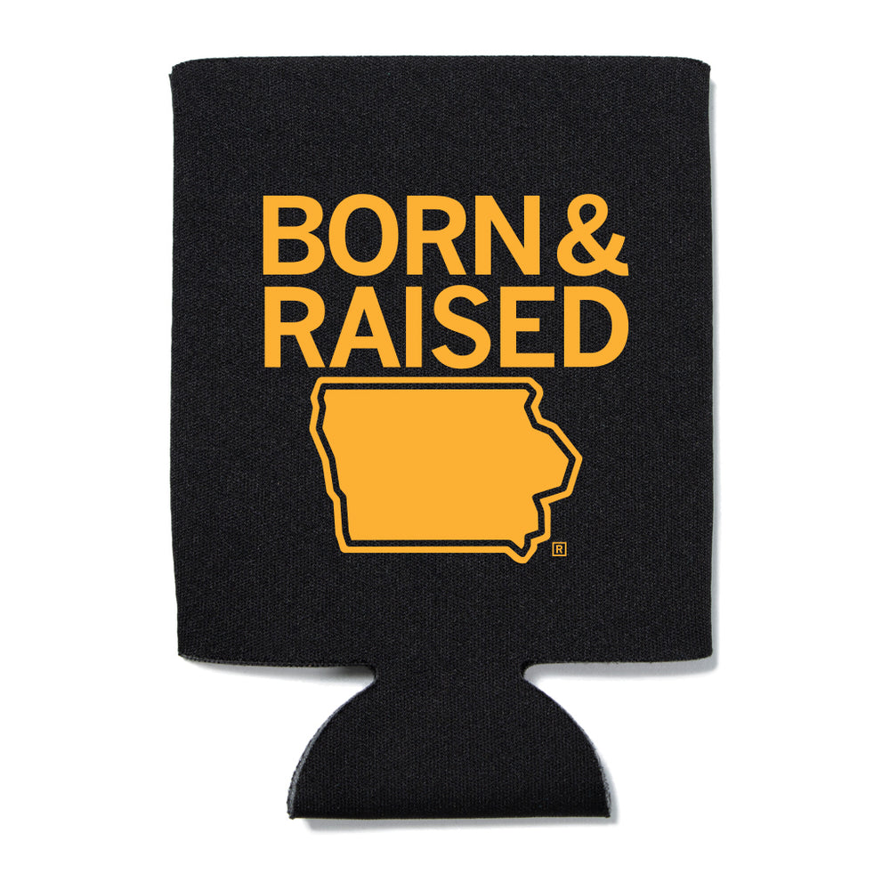 Born & Raised Can Cooler Iowa University of Iowa Iowa City Black Gold Hawkeyes UI State Midwest Football Can Cooler Koosie Sports Tailgate Tailgating