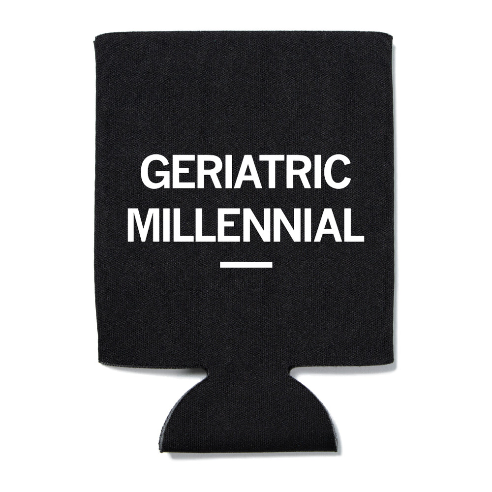 Geriatric Millennial Can Cooler Koosie Meme Reference Raygun Black White