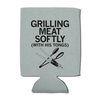 Grilling Meat Softly With His Tongs BBQ Can Cooler Koosie Grill Food Drinkwear Raygun Grey Black